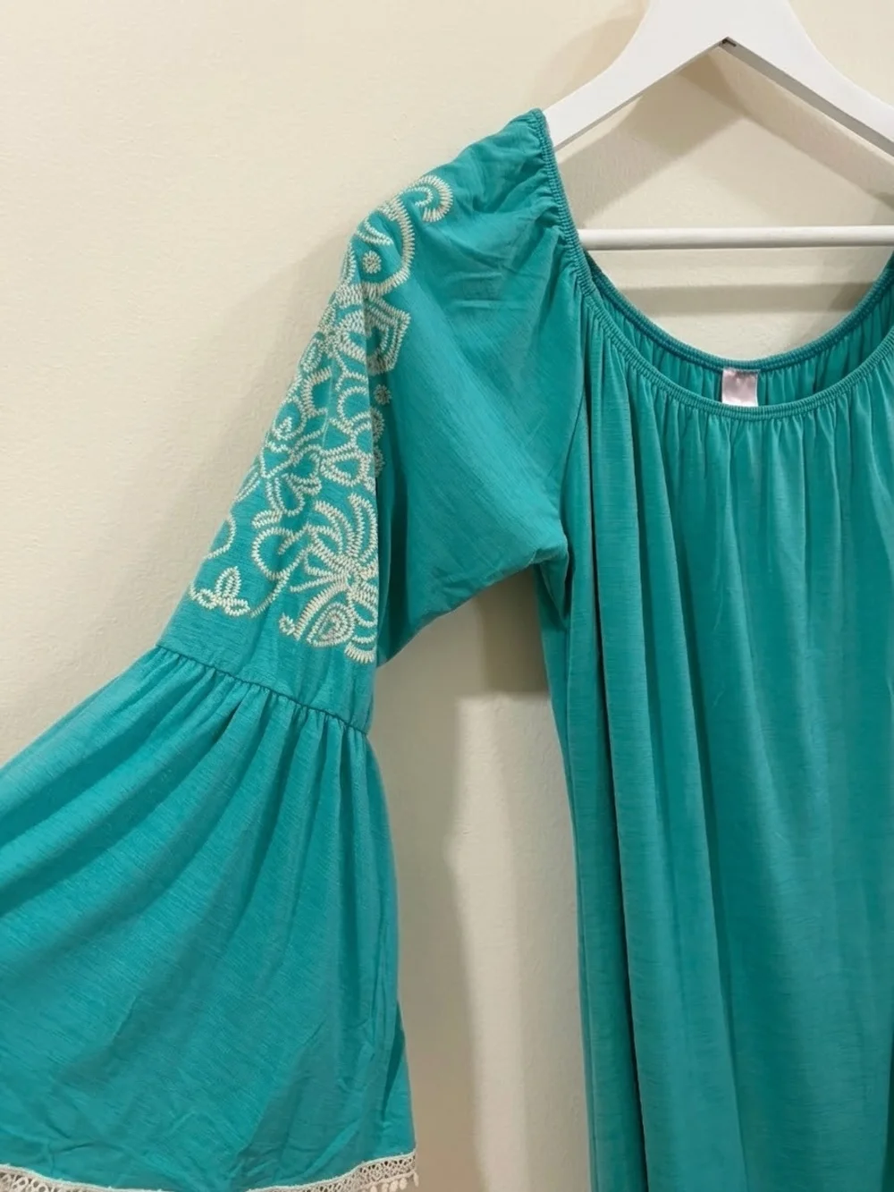 NWT Pink Coconut Teal Embroidered Bell Sleeve Boho Dress XL